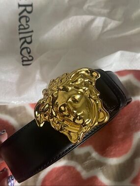 Versace Black Leather Belt with Gold Medusa Head Buckle